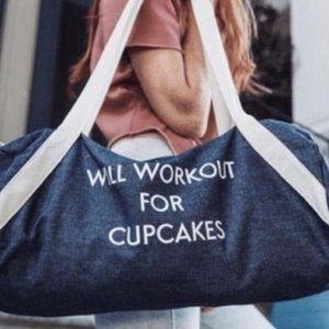 Will Workout for Cupcakes Duffle Gym Bag - Private Party - Denim Blue & White